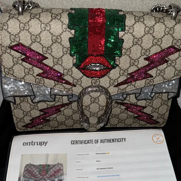 Gucci Beige GG Supreme Shoulder Bag with Pink and Green Glitter Accents - Picture 12 of 12